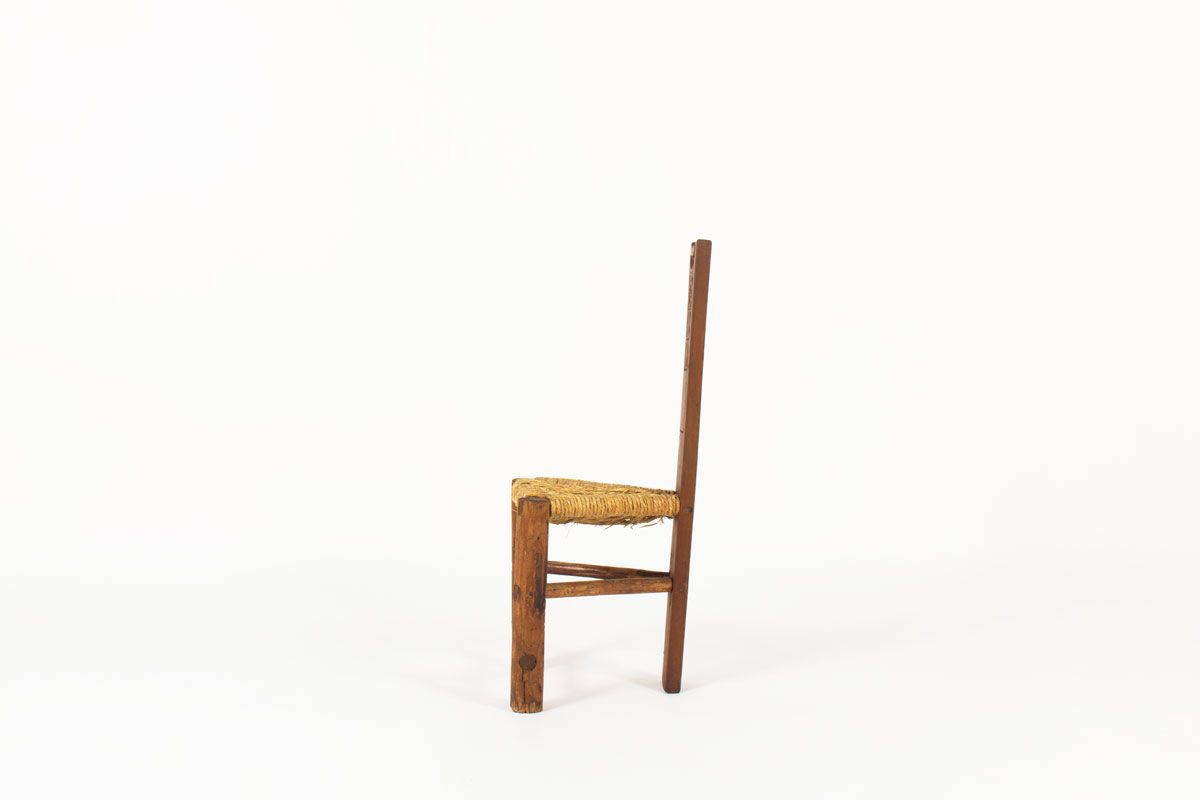 Chaise petit modele en pin et assise en paille design africain 1950