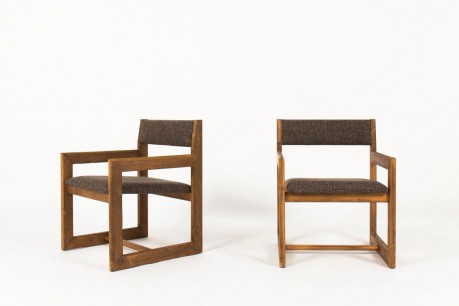Chauffeuses Andre Sornay en pin et tissu marron 1960 set de 2