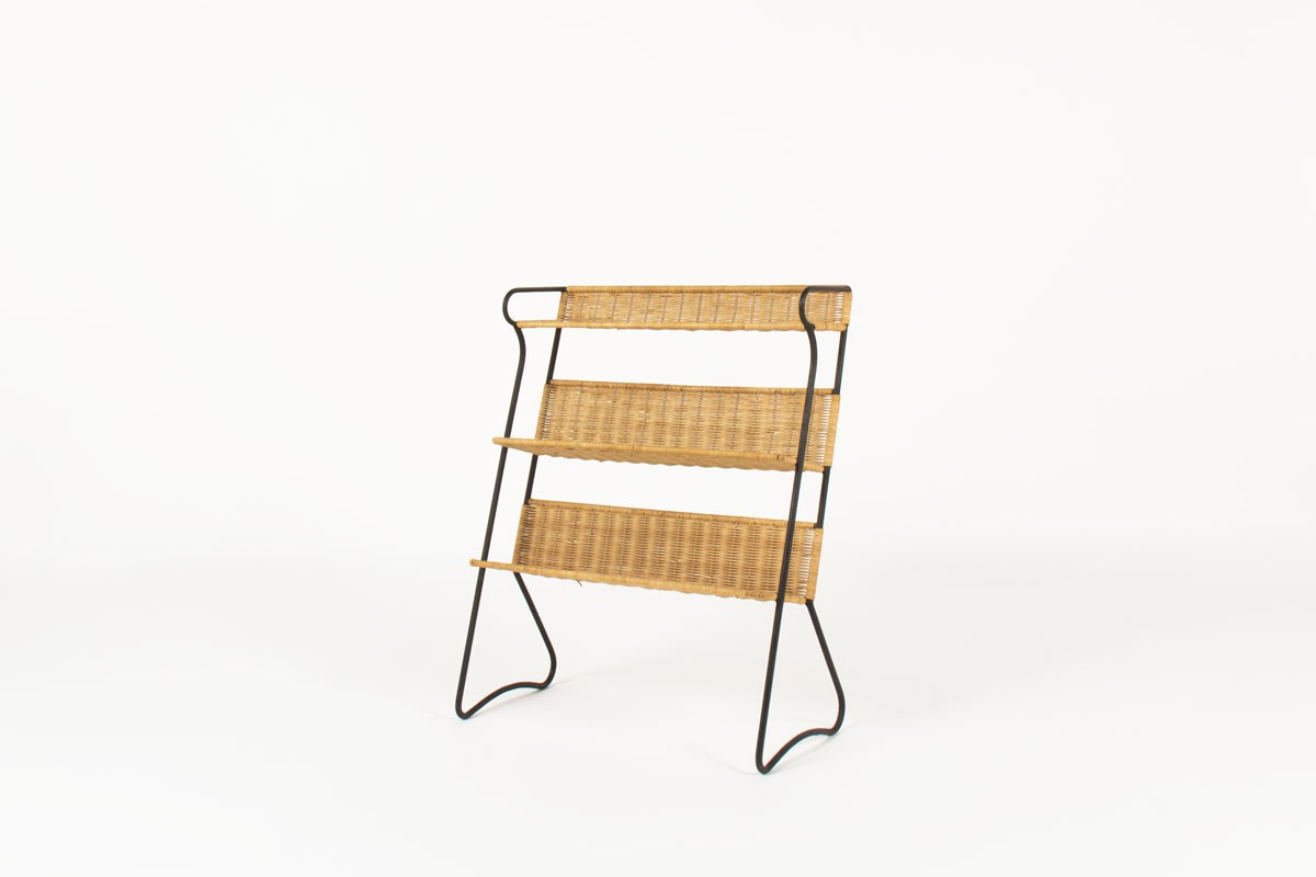 Raoul Guys bookcase in black metal and rattan 1950