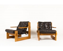 Fauteuils en frêne et cuir marron grand modèle 1970 set de 2