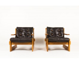 Fauteuils en frêne et cuir marron grand modèle 1970 set de 2