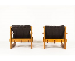 Fauteuils en frêne et cuir marron grand modèle 1970 set de 2