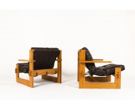 Armchairs in ash and brown leather large model 1970 set of 2