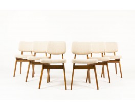 Chaises Alain Richard en frêne et tissu lin beige 1950 set de 6