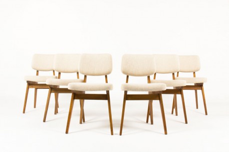 Chaises Alain Richard en frêne et tissu lin beige 1950 set de 6
