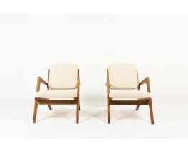 Armchairs in solid ash with beige cotton fabric 1950 set of 2