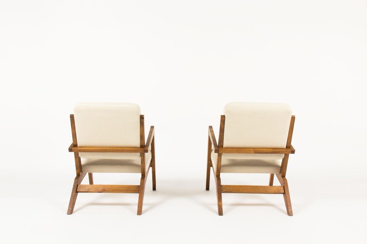 Armchairs in solid ash with beige cotton fabric 1950 set of 2