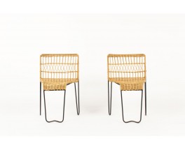 Raoul Guys armchairs in black metal and rattan edition Airborne 1950 set of 2