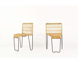 Raoul Guys armchairs in black metal and rattan edition Airborne 1950 set of 2