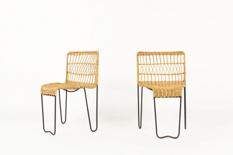 Fauteuils Raoul Guys métal noir et rotin tressé édition Airborne 1950 set de 2