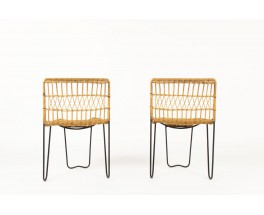 Raoul Guys armchairs in black metal and rattan edition Airborne 1950 set of 2