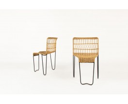 Raoul Guys armchairs in black metal and rattan edition Airborne 1950 set of 2