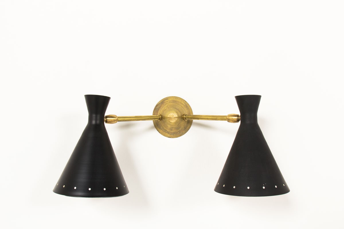 Wall lights in brass with double black diabolo diffusers Italian comtemprary design set of 2