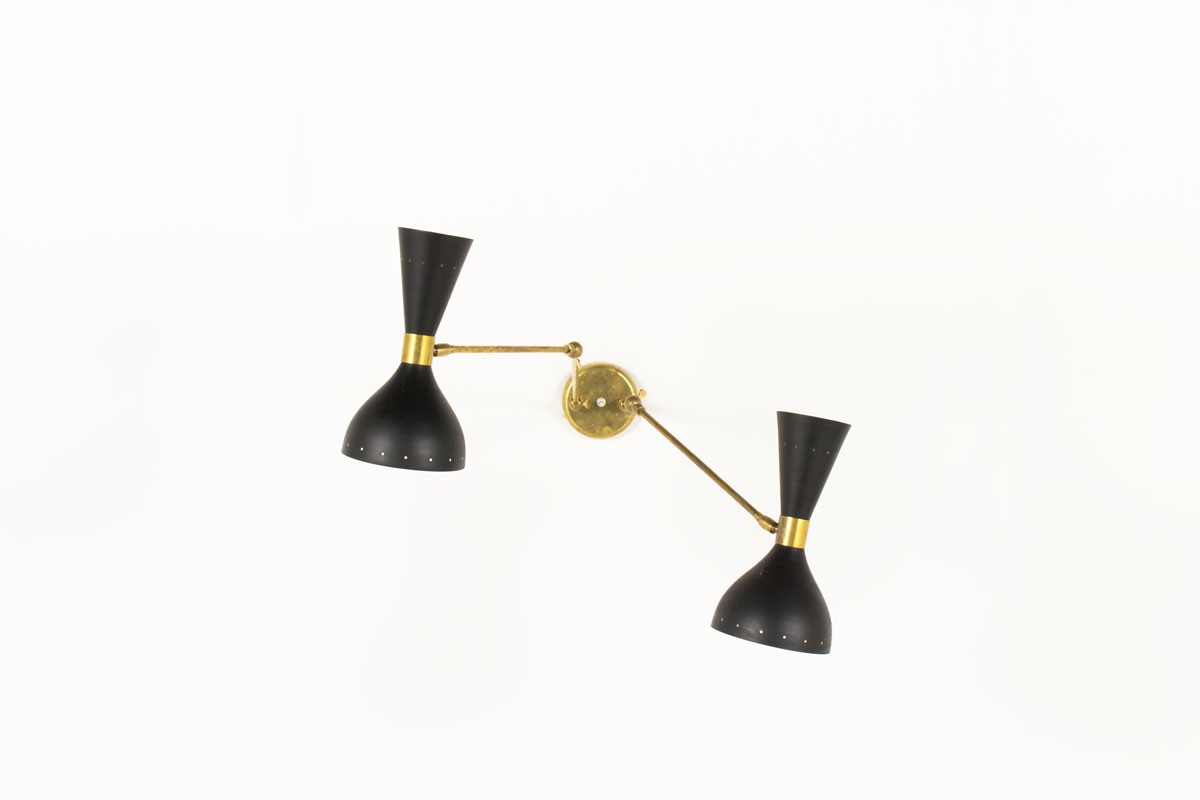 Wall light in brass and black diabolo diffusers Italian contemporary design