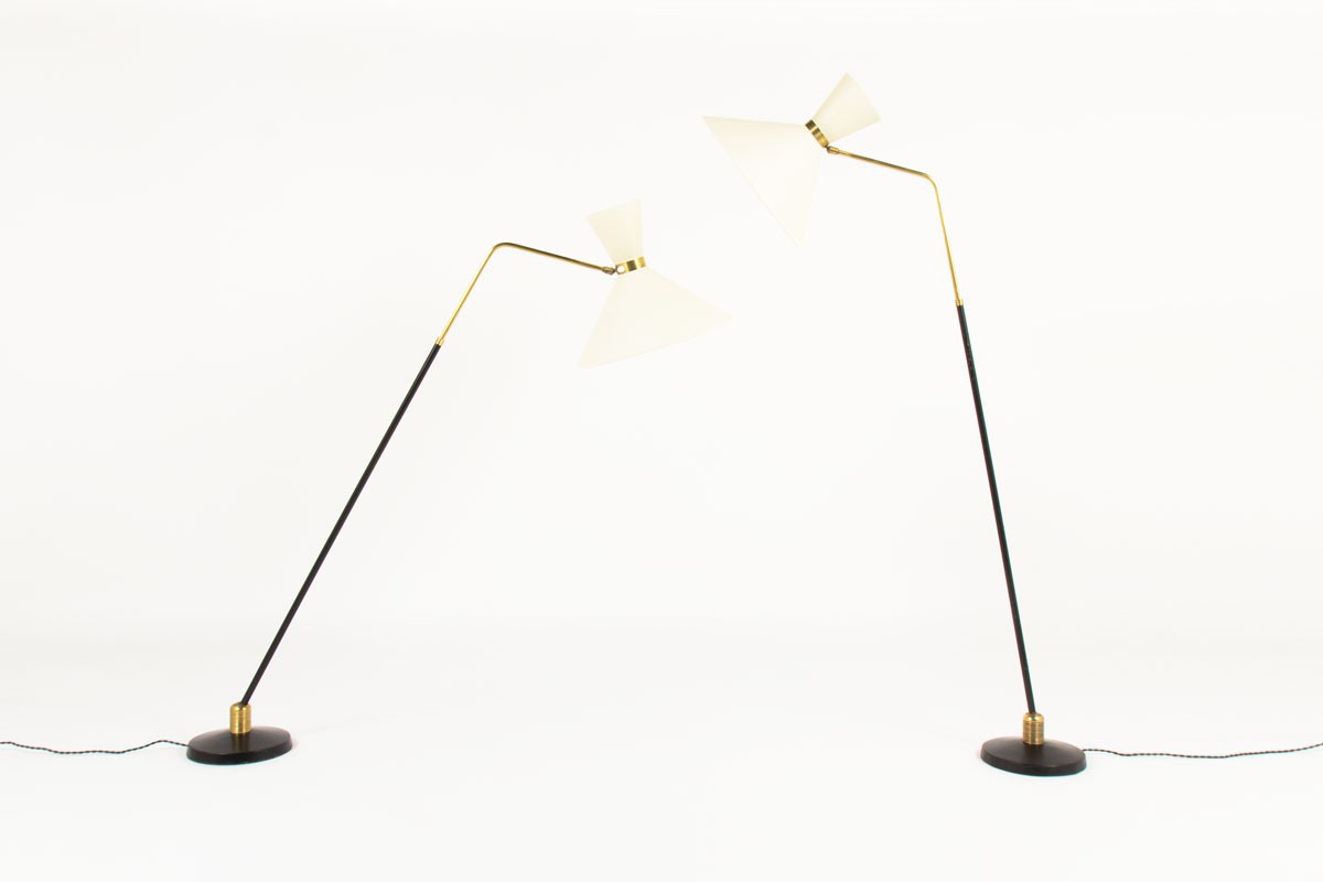 Floor lamps black metal brass and paper lampshade by monix 1950 set of 2