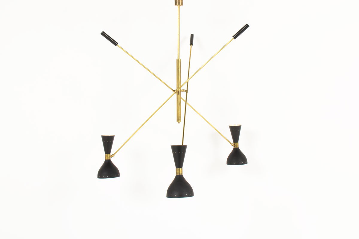 Chandelier in brass 3 lights black diffusers Italian contemporary design