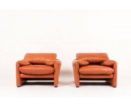 Vico Magistretti armchairs model Maralunga brown leather edition cassina 1970 set of 2