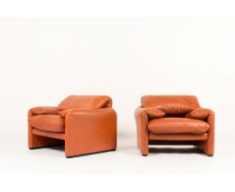 Vico Magistretti armchairs model Maralunga brown leather edition cassina 1970 set of 2