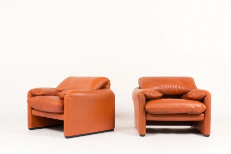 Fauteuils Vico Magistretti modèle Maralunga cuir marron édition cassina 1970 set de 2