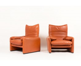 Vico Magistretti armchairs model Maralunga brown leather edition cassina 1970 set of 2