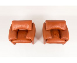 Vico Magistretti armchairs model Maralunga brown leather edition cassina 1970 set of 2