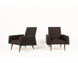Armchairs in brown linen and tinted ash 1950 set of 2