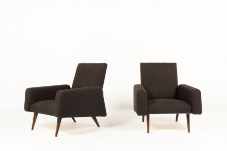 Fauteuils lin marron et hêtre teinté 1950 set de 2