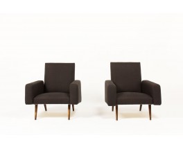 Armchairs in brown linen and tinted ash 1950 set of 2