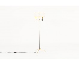 French tripod floor lamp brass and black metal paper lampshade 1950