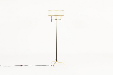 French tripod floor lamp brass and black metal paper lampshade 1950