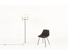 French tripod floor lamp brass and black metal paper lampshade 1950