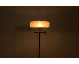 Lampadaire tripode laiton métal noir et abat-jour beige 3 feux 1950