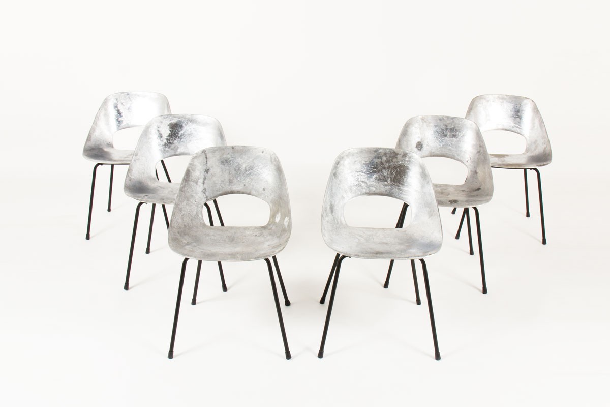 Pierre Guariche chairs model Tulip in aluminum edition Steiner 1950 set of 6
