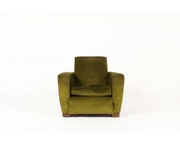 Fauteuil club velours vert et pieds bois design Art déco 1930