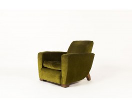 Fauteuil club velours vert et pieds bois design Art déco 1930