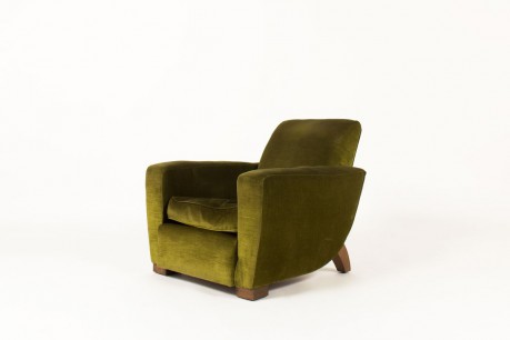 Club armchair green velvet fabric and wood design Art deco 1930