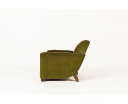 Fauteuil club velours vert et pieds bois design Art déco 1930