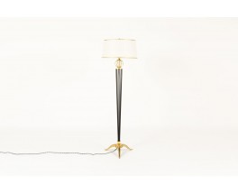 Floor lamp in brass black metal and beige paper lampshade 1950