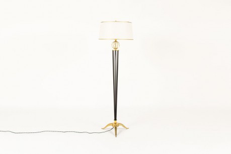 Floor lamp in brass black metal and beige paper lampshade 1950