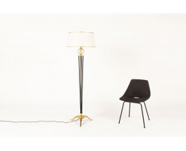 Floor lamp in brass black metal and beige paper lampshade 1950