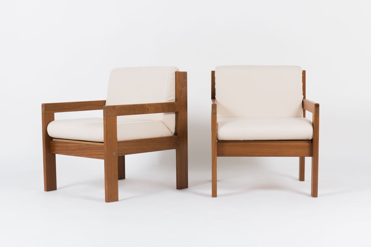 Andre Sornay armchairs in mahogany with beige fabric 1950 set of 2