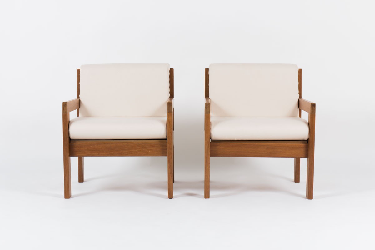 Andre Sornay armchairs in mahogany with beige fabric 1950 set of 2