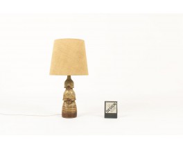 Lamp in beige and brown ceramic with burlap lampshade 1950