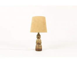 Lamp in beige and brown ceramic with burlap lampshade 1950