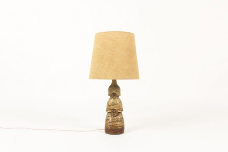 Lamp in beige and brown ceramic with burlap lampshade 1950