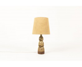 Lamp in beige and brown ceramic with burlap lampshade 1950