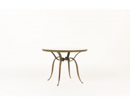 Rene Prou round coffee table in patinated gold metal and screen-printed glass top 1930