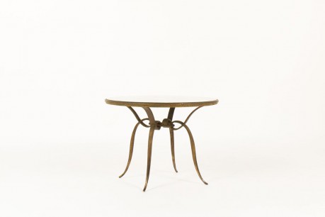 Rene Prou round coffee table in patinated gold metal and screen-printed glass top 1930