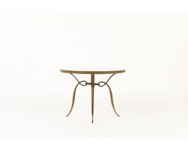 Rene Prou round coffee table in patinated gold metal and screen-printed glass top 1930