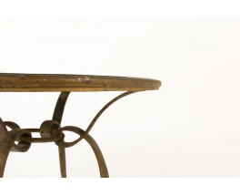 Rene Prou round coffee table in patinated gold metal and screen-printed glass top 1930